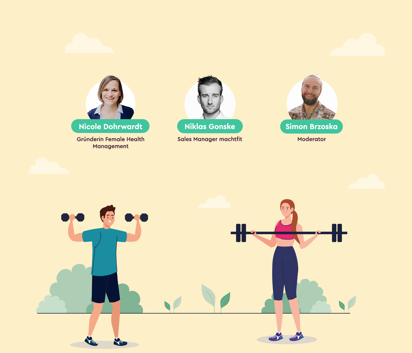 Grafik mit Fotos und Namen der Webinar-Speaker zum Thema "Geschlechterspezifisches BGM"