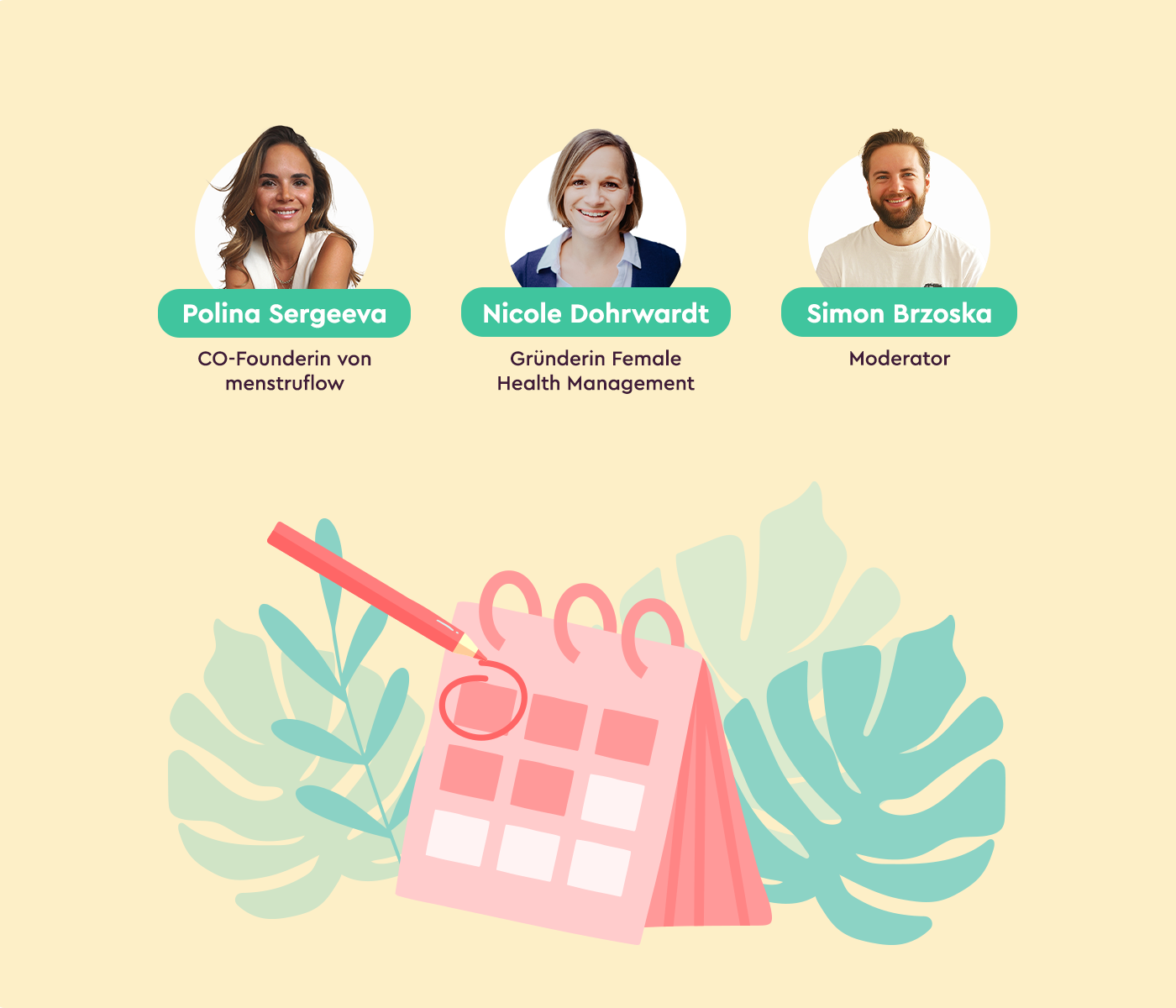 Grafische Darstellung mit Fotos und Namen der Sprechenden im Webinar zum Thema "Periode und Menopause im BGM-Kontext"